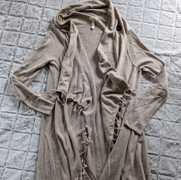 Matilda Jane Tan Oatmeal Warm Smile Button Cowl Tassel Long Line Open Sweater XS - Picture 1 of 4